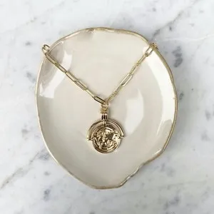 Authentic 14K Gold Plated Handmade Paperclip Link Chain World Map Round Pendant Necklace