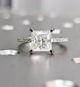 Authentic 14K White Gold Plated Accented Solitaire 6.5mm Princess Moissanite Engagement Ri