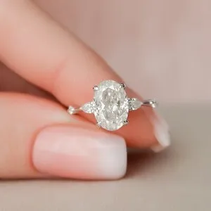 Authentic 2CT Oval Moissanite Engagement Ring 14K White Gold Plated Unique Stacking Ring