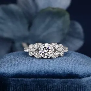 Authentic Art Deco Butterfly Ring 1ct Round Moissanite 14K White Gold Plated Dainty Ring