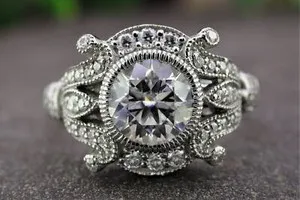 Authentic 1.75ct Round Moissanite Vintage Art deco Ring14K White Gold Plated Antique Ring
