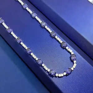 Authentic 51Ct Oval Cut Lab Created Sapphire Tennis Women's Necklace 14K White Gold Plated