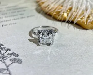 Authentic Halo engagement ring 14k white gold plated 2ct princess moissanite wedding ring