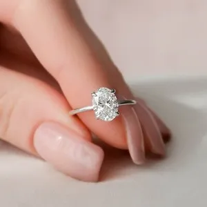 Authentic Solitaire Hidden Halo Engagement Ring 14K White Gold Plated 2ct Oval Moissanite