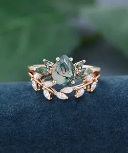 Authentic 8x6mm Pear Cut Moss Agate Nature Inspired 14k Rose Gold Plated Engagement Ring