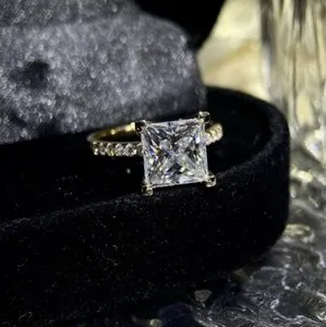 Authentic 3 Ct Princess Moissanite Engagement Ring 14K Yellow Gold Plated Accented Ring