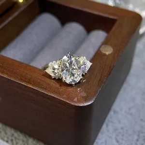 Authentic Cluster engagement ring 14k yellow gold plated 2.5ct Oval 3 Stone Moissanite rin