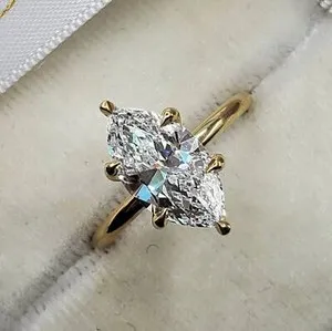 Authentic Moonlit Halo: Six Claw Prong 2 Ct Marquise Moissanite Ring in 14K Yellow Gold Plated Elegance
