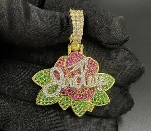 Authentic Real Moissanite 3Ct Round Cut Flower Custom Name Pendant 14K Yellow Gold Plated