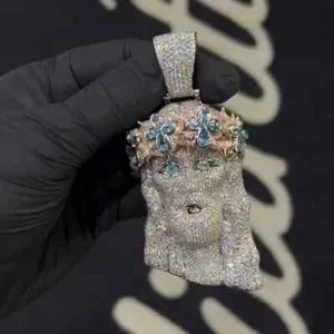 Authentic 6Ct Round Cut Moissanite Men's Custom Jesus Head Pendant 14K White Gold Plated