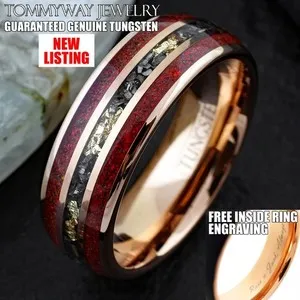 Authentic Custom Engraved Rose Gold Plated Tungsten Carbide Gold Leaf Faux Meteorite Ring