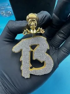 Authentic 3Ct Round Cut Moissanite Men's Custom "B" Letter Pendant 14K Yellow Gold Plated