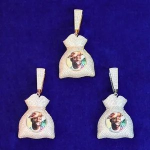 Authentic Mens Custom Photo White Yellow Rose Gold Plated Money Bag Luxury Pendant Chains