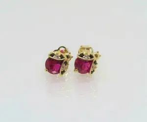Authentic Ladybug Stud Earrings 2Ct Round Lab Created Red Ruby & Diamond 14k Gold Plated