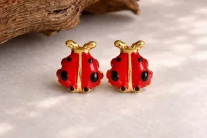 Authentic 18K Gold Plated Red Ladybug Stud Earrings Hypoallergenic Enamel