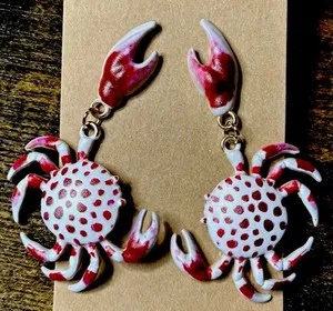 Authentic Gold Plated Enamel Cute Crab Earrings Post Drop Dangle 2.5”