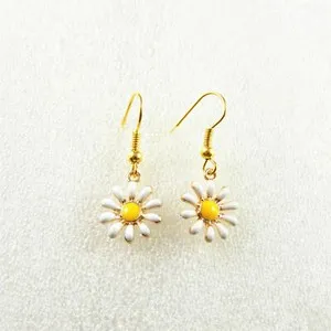 Authentic Cute Yellow Gold Plated Enamel Daisy Flower Charm Hook Dangle Drop Earrings