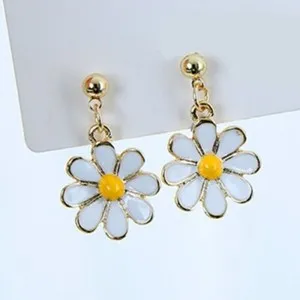 Authentic Cute Yellow Gold Plated Enamel Daisy Flower Charm Stud Dangle Drop Earrings