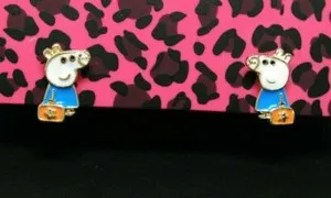 Authentic Cute Petite Yellow Gold Plated Multi-Color Enamel Peppa Pig Stud Earrings I