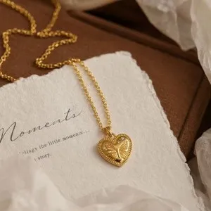 Authentic Vintage Woman Gold Plated Cute CZ Butterfly Heart Necklace Chain Anti-tarnish