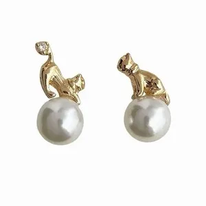 Authentic Whiskers of Luminescence: 18K Gold Plated Cat Pearl Stud Earrings
