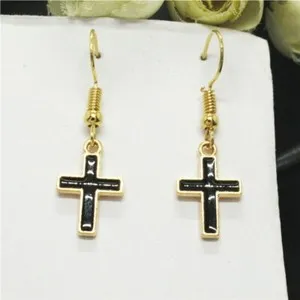 Authentic Cute Yellow Gold Plated Black Enamel Cross Charm Hook Dangle Earrings