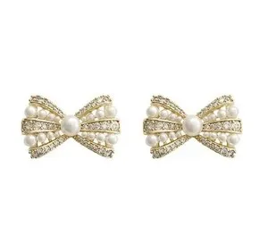 Authentic 18K Gold Plated Pearl Bow Stud Earrings CZ Crystal Cute Ribbon Earrings 380