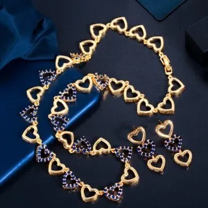 Authentic Women Cute Gold Plated Rose Red CZ Heart Necklace and Earring Zircon Jewelry Set