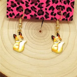 Authentic Cute Yellow Gold Plated Fox Enamel Charm Hook Dangle Drop Earrings 1