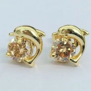 Authentic Cute Yellow Gold Plated Dolphin Champagne CZ Accented Stud Post Earrings