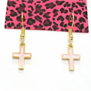 Authentic Cute Yellow Gold Plated Pink Enamel Cross Charm Hook Dangle Earrings