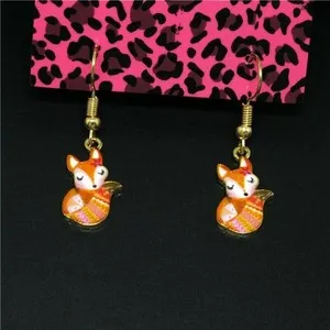 Authentic Cute Yellow Gold Plated Fox Enamel Charm Hook Dangle Drop Earrings III
