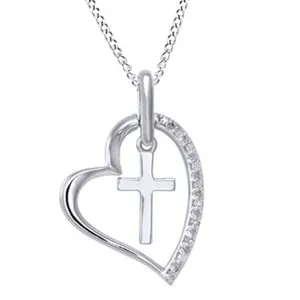 Authentic 1/10 ct Diamond Open Heart with Cross Pendant in 14K White Gold Plated Silver