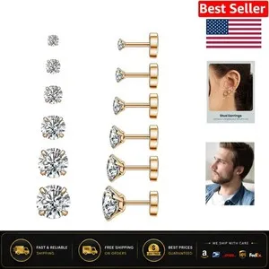 Authentic Elegant 14K Gold-Plated Cubic Zirconia Flat Back Earrings - for Sensitive Ears