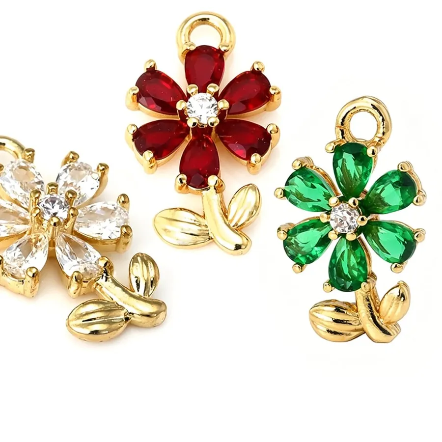 Authentic 4PCS 18K Gold Color Zircon Flower Charms Pendants High Quality Diy Necklace Earrings Jewelry Accessories Jewellery Making