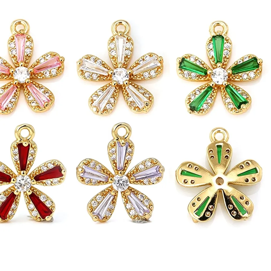 Authentic 2PCS 18K Gold Color and Zircon Flower Charms Pendants High Quality Diy Necklace Earrings Charms Jewelry Making Accessories
