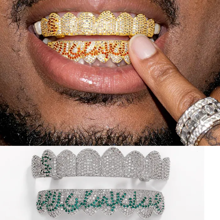 Authentic Topgrillz Iced Out 8 Dollars Pattern Cz Stone Teeth Grillz Hip Hop Shiny Zircon Tooth Caps Jewelry Dental Grills