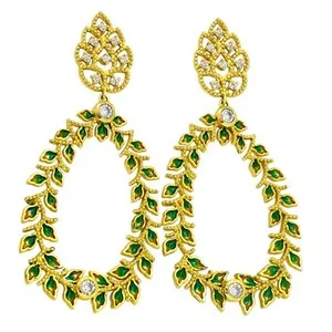 Authentic 18K Gold Plated Green Enamel Leaf Design White Crystal Hoop Earrings BIE1054_A