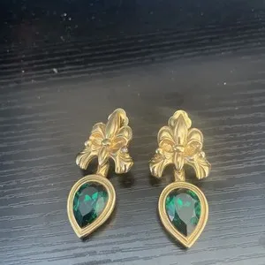 Authentic Green Stone Leaf-Design Gold plated Silver 500 Drop Earrings