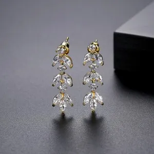 Authentic High Quality Zirconia Earrings Gold Plated Women's Leaf Design Jewelry