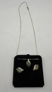 Authentic 925 Sterling Silver Gold Plated Green Stone Necklace & Earrings Set Leaf Design