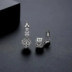 Authentic Dainty Special Design Four Leaf Clover Flower Dangle Cube Clear CZ Earrings