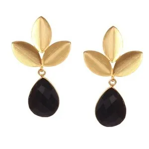 Authentic Gilded Tears of the Night: 925 Sterling Silver and Black Onyx Leaf Earrings