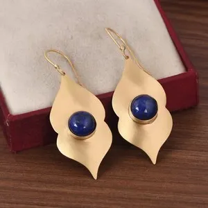 Authentic Lapis Lazuli Leaf Design 18k Gold Plated Dangle Earrings Jewelry