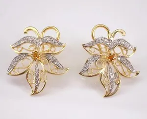 Authentic 0.50Ct Round Cut Moissanite Filigree Leaf Design Earrings 14K Yellow Gold Plated