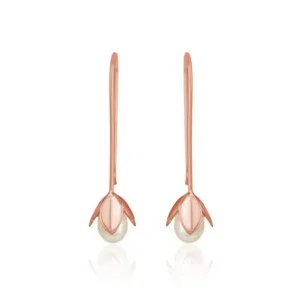Authentic Flower Leaf Design Pearl Gemstone Rose Gold Plated 925 Silver Hook Earrings