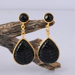 Authentic Leaf Curved Design Gold Plated Black Onyx With CZ Drop Earrings Women's Jewelry