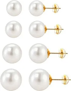Authentic Big Pearl Stud Earrings:Hypoallergenic 14K Gold Plated Sterling Silver Post Stud