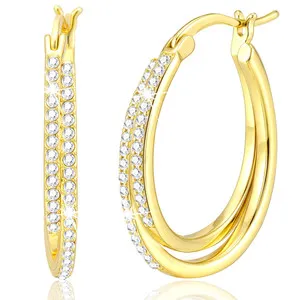 Authentic 18K Gold Plated Simulated Diamond Hoop Earrings for Women Hypoallergenic Post Ea
