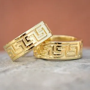 Authentic Mens Solid Yellow Gold Plated Sterling Silver Post Greek Key Hoop Earrings